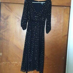 DKNY Black and gold polka dot faux wrap dress